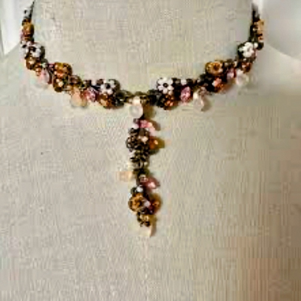 Vintage Cookie Lee Floral Beaded Necklace Brown with Pink and Amber Accents